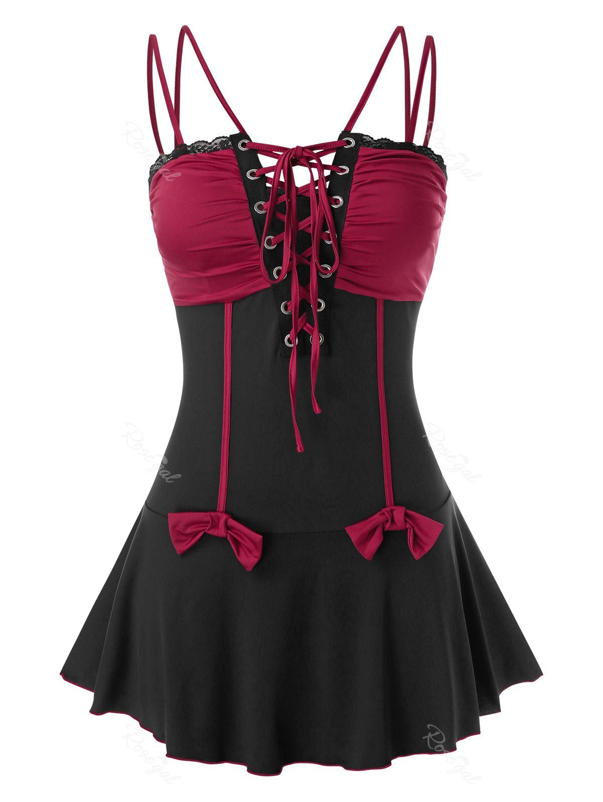 

Bowknot Lace Up Splicing Plus Size Cami Top, Red wine