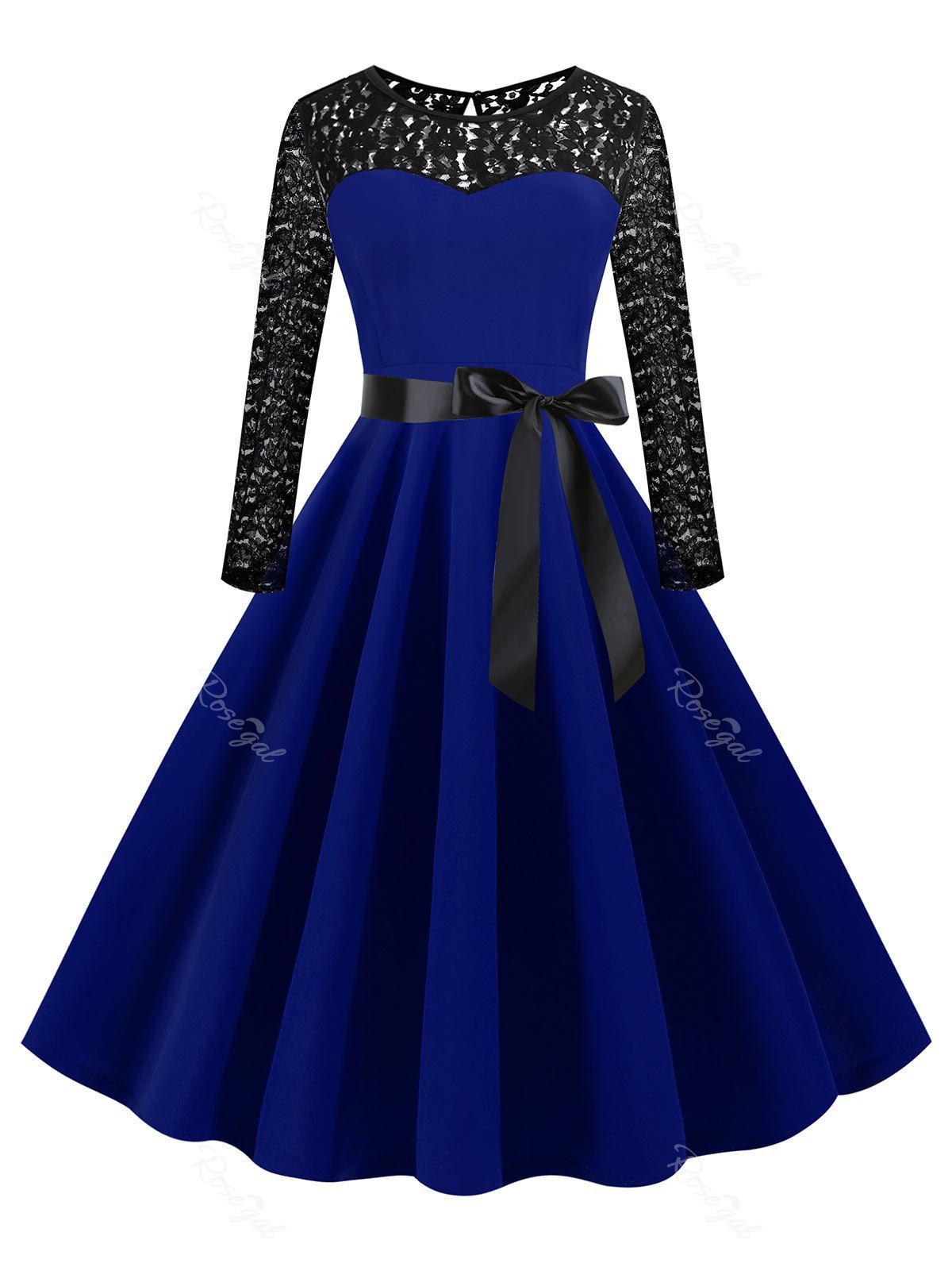 

Plus Size Lace Yoke Long Sleeve Vintage Dress, Blue