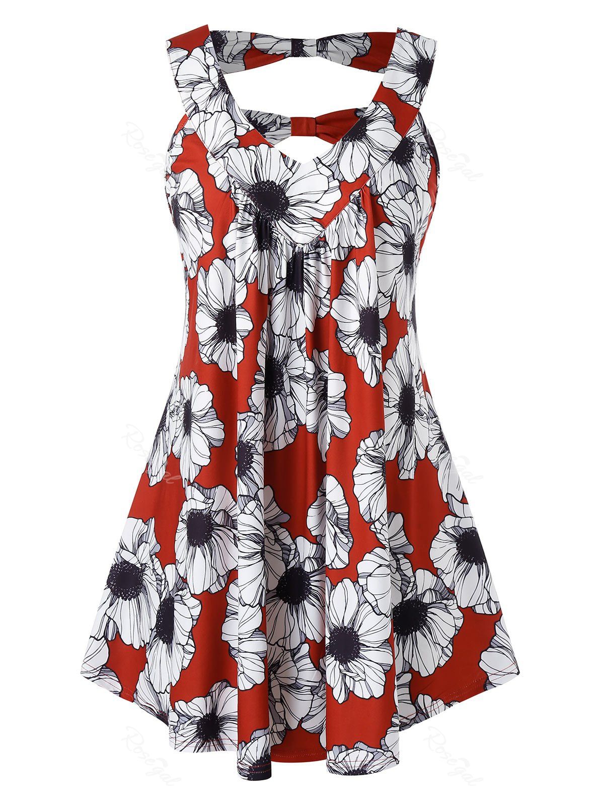 

Plus Size Back Knot Floral Print Tank Top, Red wine