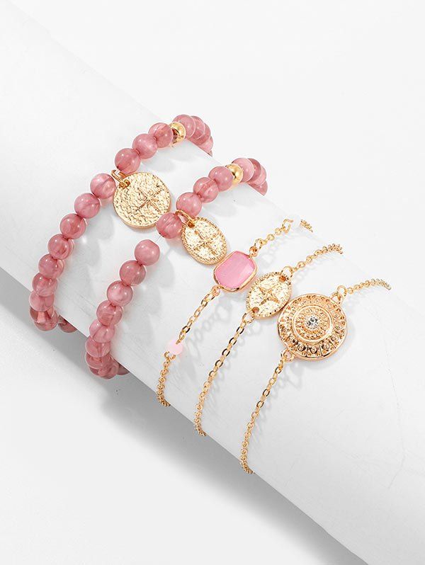 

5Pcs Round Star Beaded Bracelet Set, Pink