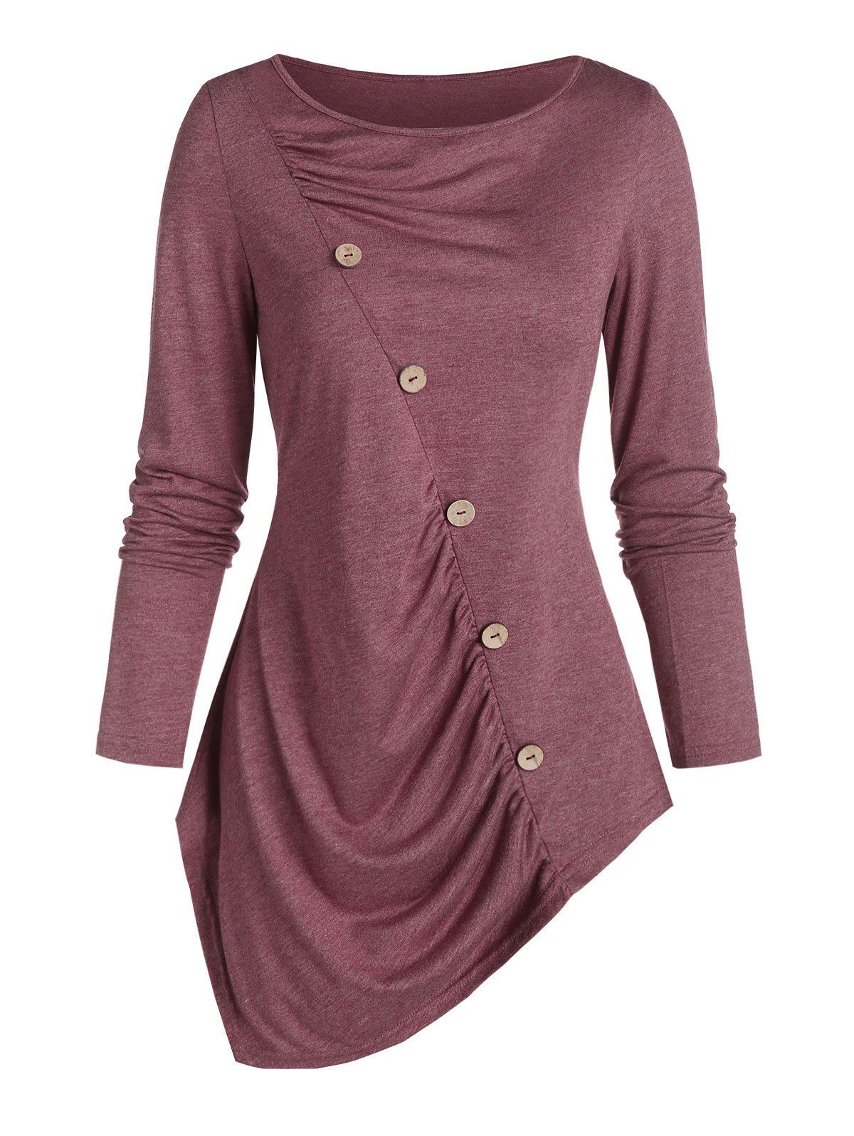 

Ruched Button Asymmetrical Hem T Shirt, Firebrick