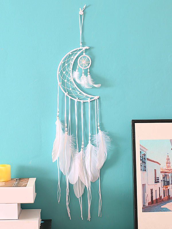 

Crescent Beaded Feather Dream Catcher, White