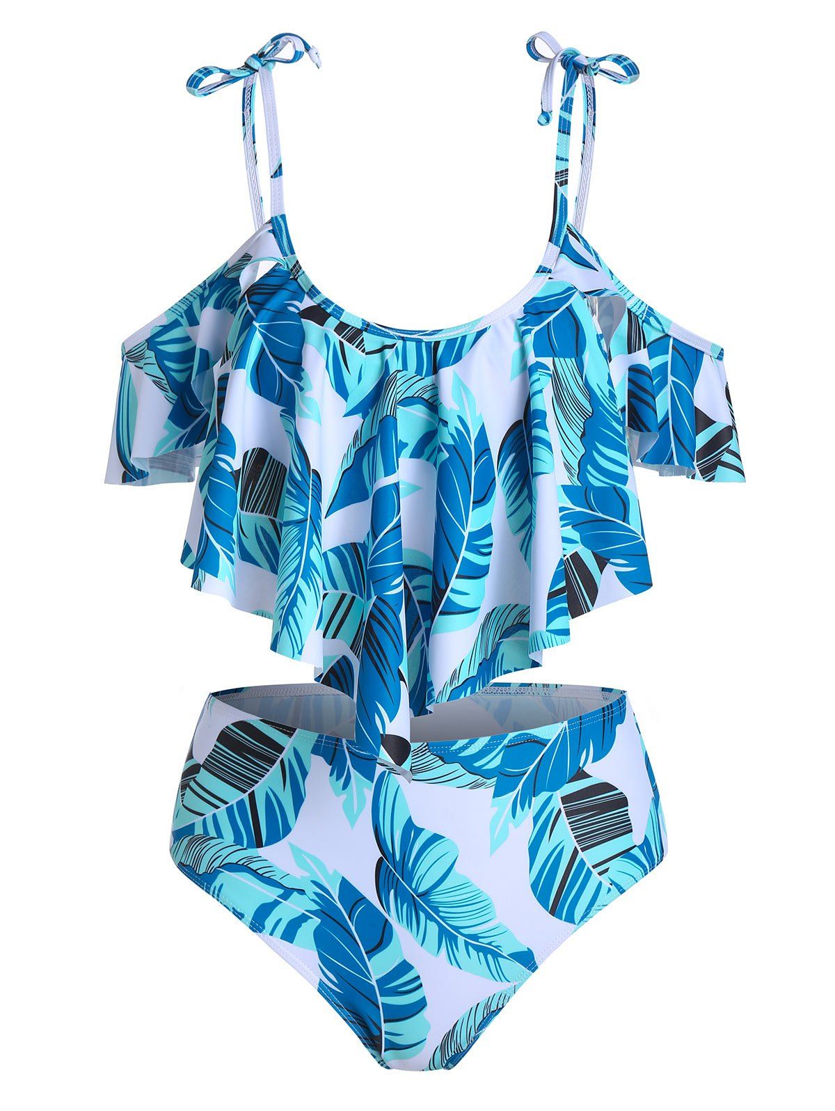 

Tropical Leaf Print Self Tie High Waisted Tankini Swimsuit, Multi-a