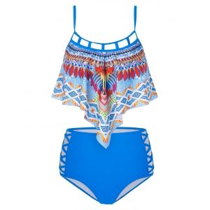 

Tribal Print Criss-cross Pointed Hem Tankini Swimsuit, Blueberry blue