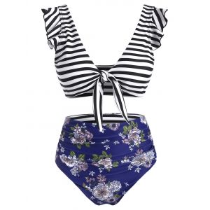 

Striped Floral Ruffle Ruched Tie Front Bikini Swimsuit, Deep blue