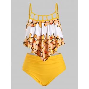 

Overlay Flounces Ruched Cut Out Butterfly Plus Size Tankini Swimsuit, Yellow