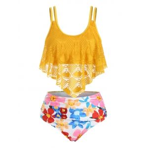 

Floral Lace Overlay Flounces Plus Size Tankini Swimsuit, Golden brown