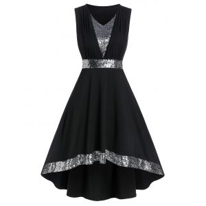 

Sleeveless Sequin Panel High Low Prom Dress, Black