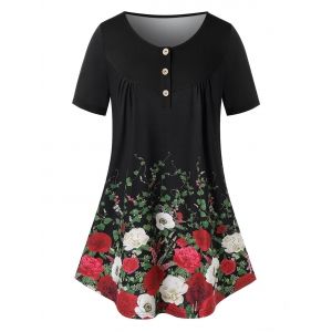 

Plus Size Flower Print Short Sleeve Henley T-shirt, Black