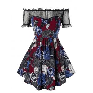 

Plus Size Off The Shoulder Floral Print T Shirt, Red wine