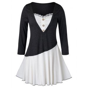 

Plus Size Colorblock Splicing Lace Button Asymmetric T-Shirt, Dark gray