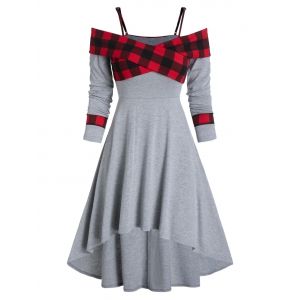 

Plaid Print Crossover Open Shoulder High Low Dress, Red