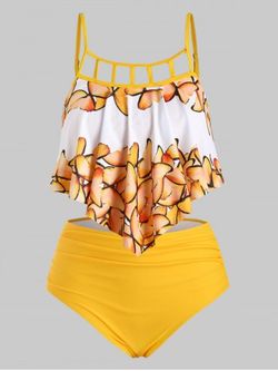 Overlay Flounces Ruched Cut Out Butterfly Plus Size Tummy Control Tankini Swimsuit - YELLOW - 3X