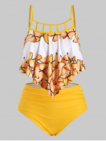Overlay Flounces Ruched Cut Out Butterfly Plus Size Tummy Control Tankini Swimsuit - YELLOW - 5X