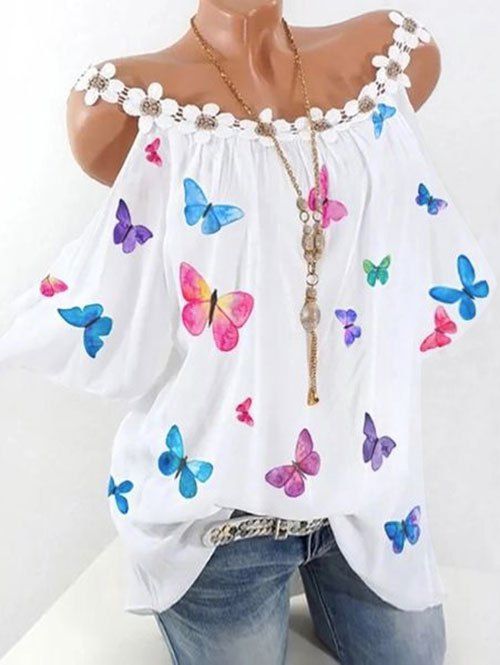 

Plus Size Butterfly Print Cold Shoulder Blouse, White