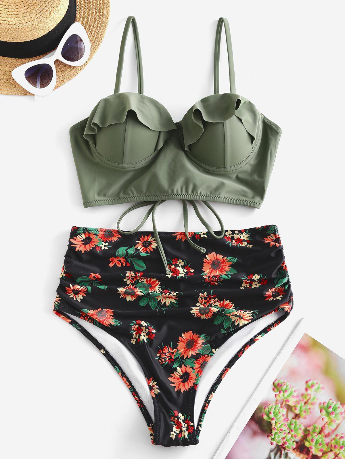 

Floral Ruffles Push Up Lace-up Ruched Bikini Swimsuit, Camouflage green