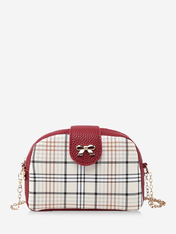 

Plaid Pattern Bowknot Chain Crossbody Bag, Red wine