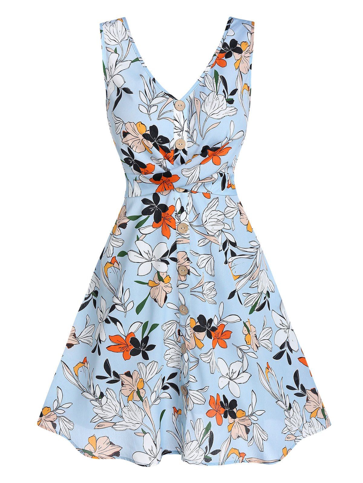 

Flower Print Button Through Crossover Sleeveless Dress, Jeans blue
