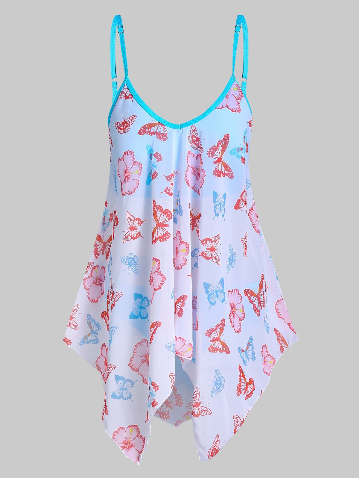 

Butterfly and Flower Print Handkerchief Tankini Swimsuit, Day sky blue