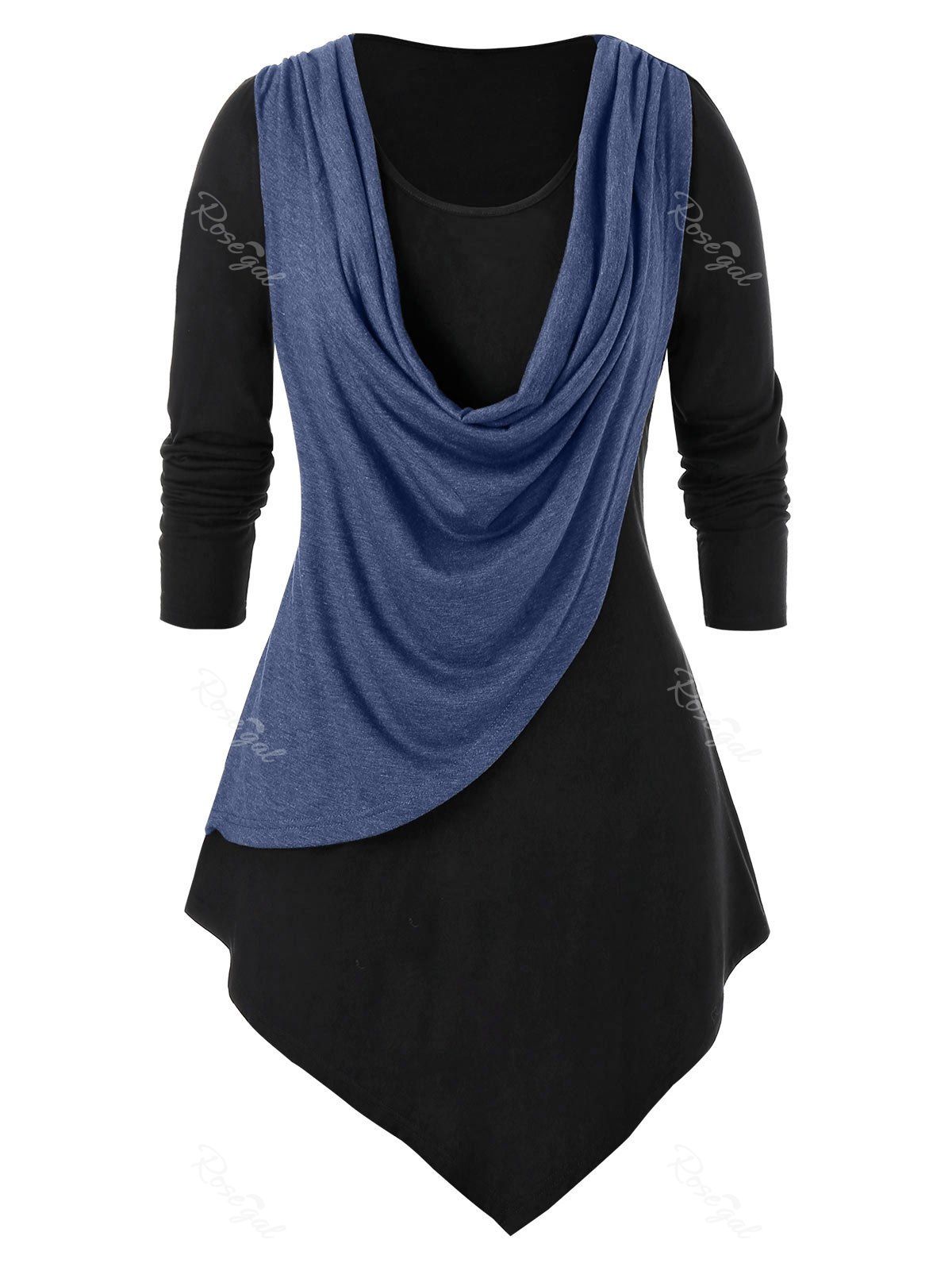 

Plus Size Splicing Long Sleeve Tee, Denim dark blue