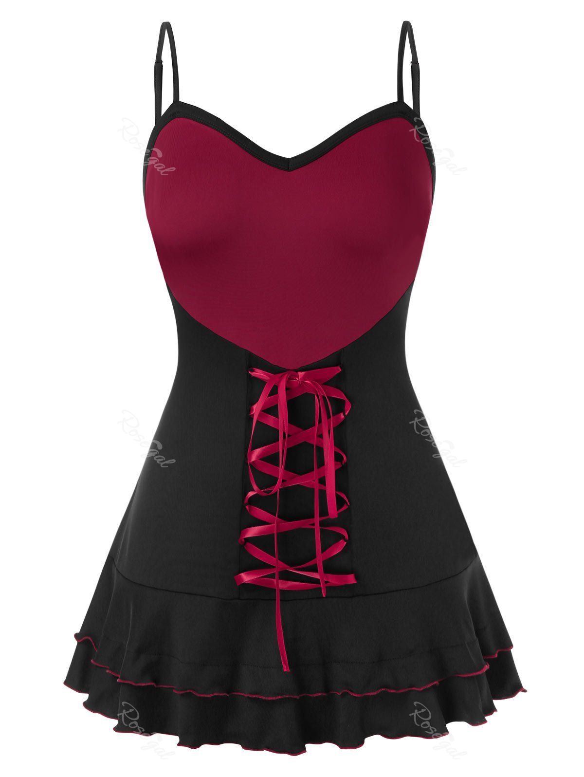 

Plus Size Lace Up Ruffle Two Tone Cami Top, Red wine