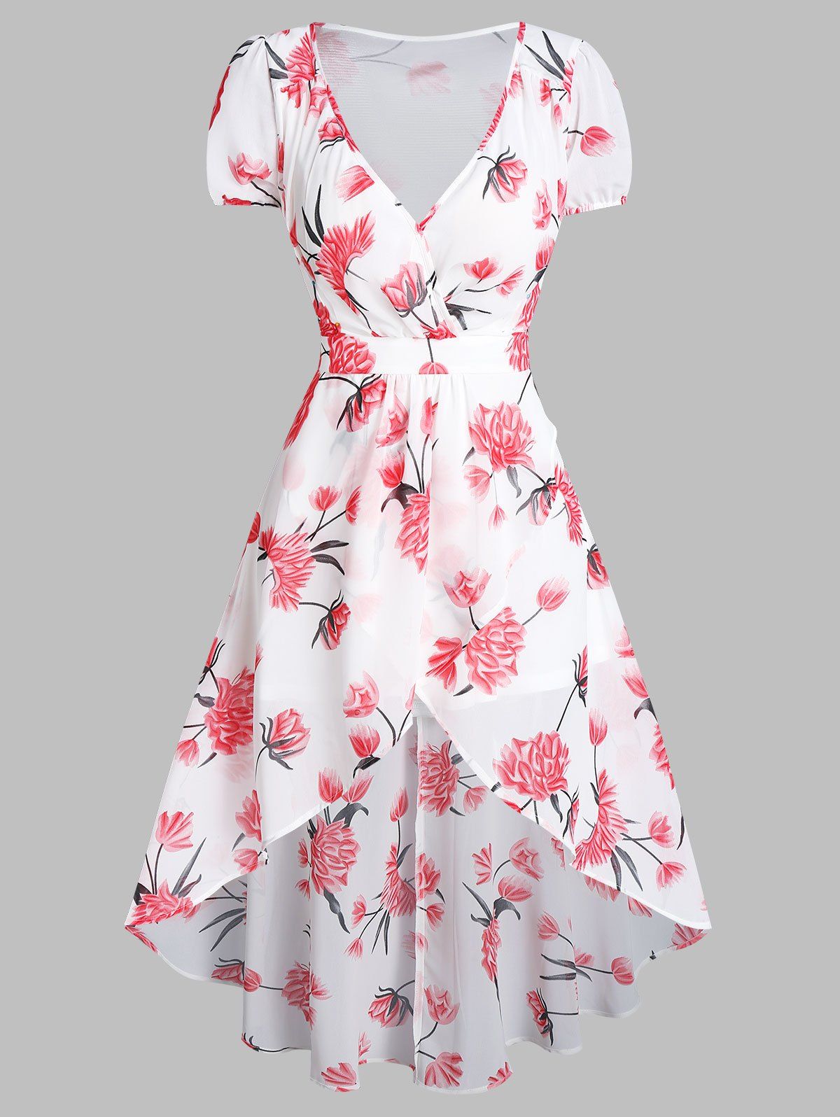 

Flower Print Plunge Neck High Low Surplice Dress, White