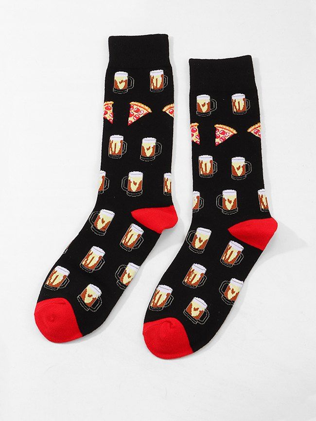 

Cartoon Beer Pizza Print Cotton Short Socks, Black