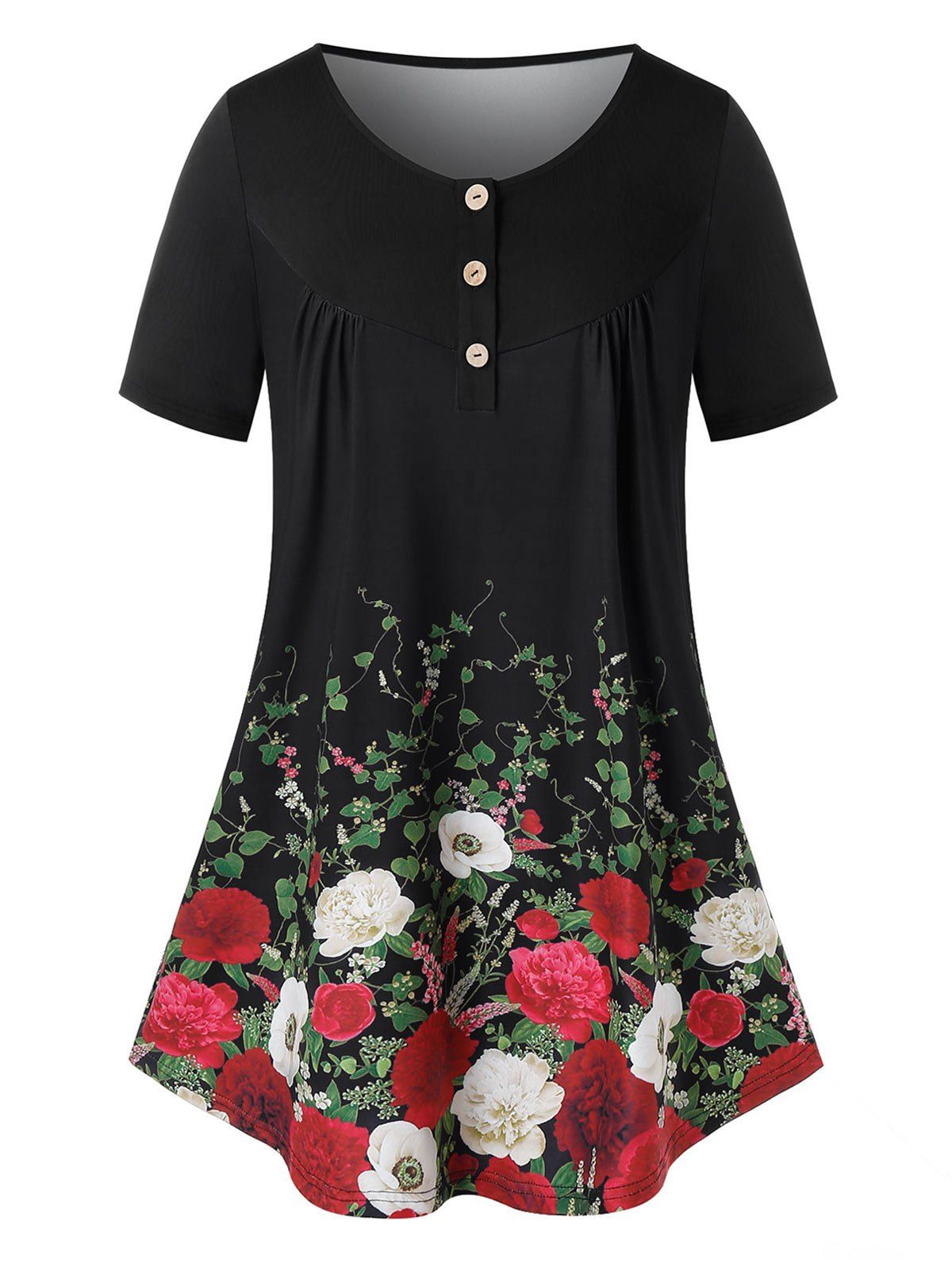 Online Plus Size Flower Print Short Sleeve Henley T-shirt  