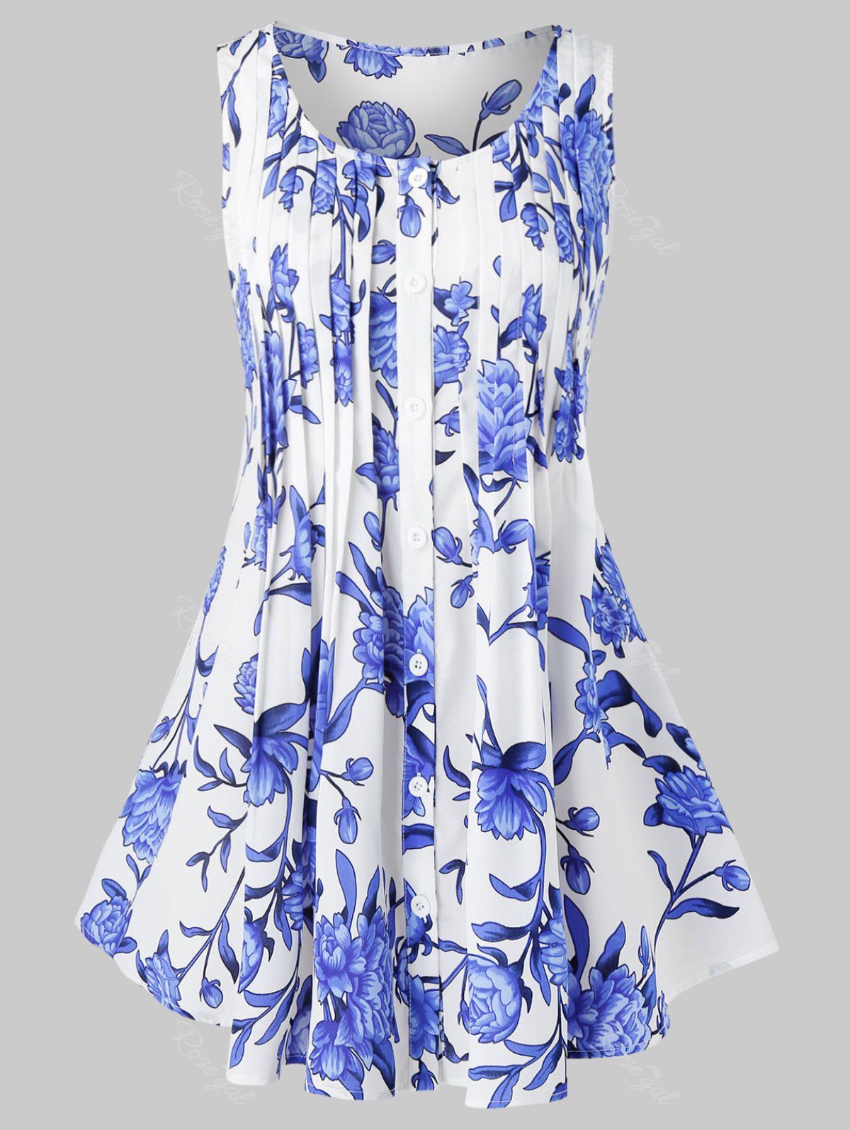 

Plus Size Floral Printed Button Embellished Tank Top, White