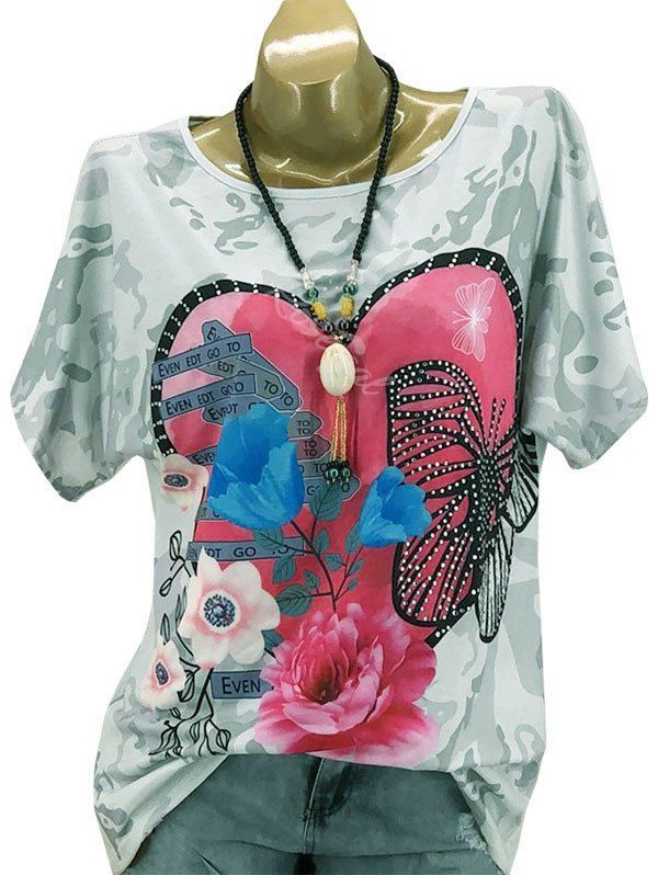 

Plus Size Butterfly Floral Print Graphic T Shirt, Light green