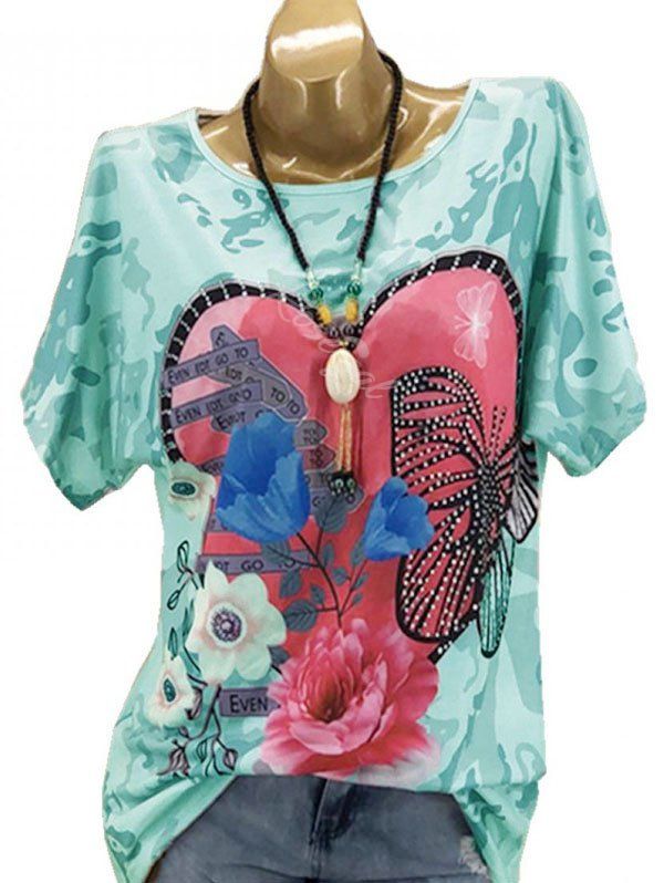 

Plus Size Butterfly Floral Print Graphic T Shirt, Macaw blue green
