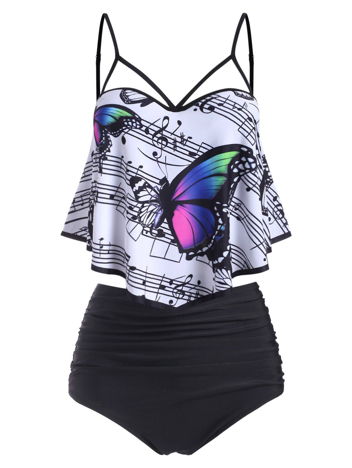 

Musical Note Butterfly Flounce Overlay Strappy Tankini Swimwear, Black