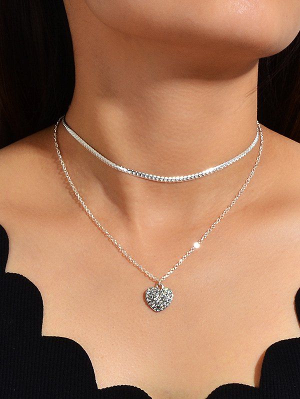 

Rhinestone Heart Layered Pendant Necklaces, Silver