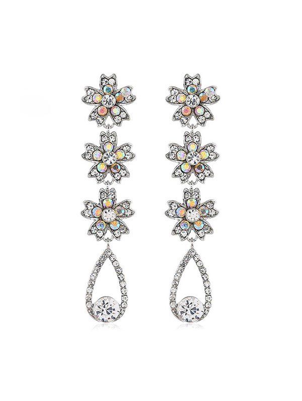 

Rhinestone Flowers Water Drop Earrings, Silver