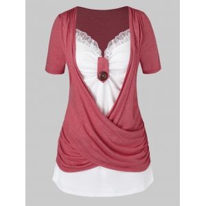 

Plus Size Crossover Two Tone Knotted T Shirt, Light coral