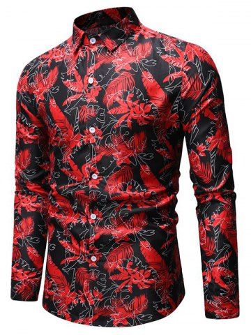

Tropical Leaf Print Button Up Long Sleeve Shirt, Black