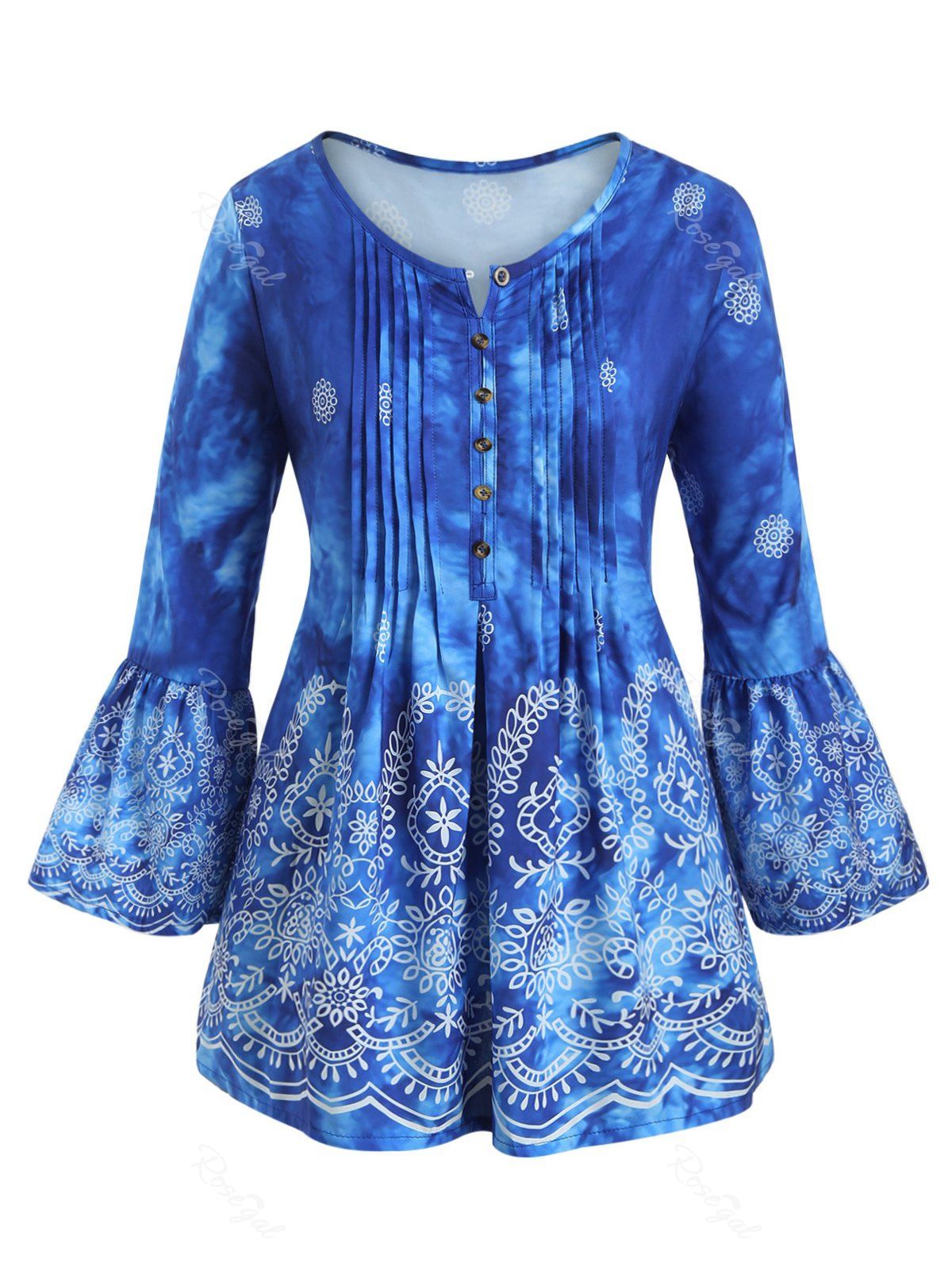 

Plus Size Bell Sleeve Tie Dye Floral Blouse, Blueberry blue