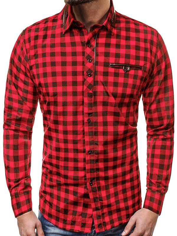 

Checked Button Down Faux Pocket Casual Shirt, Red