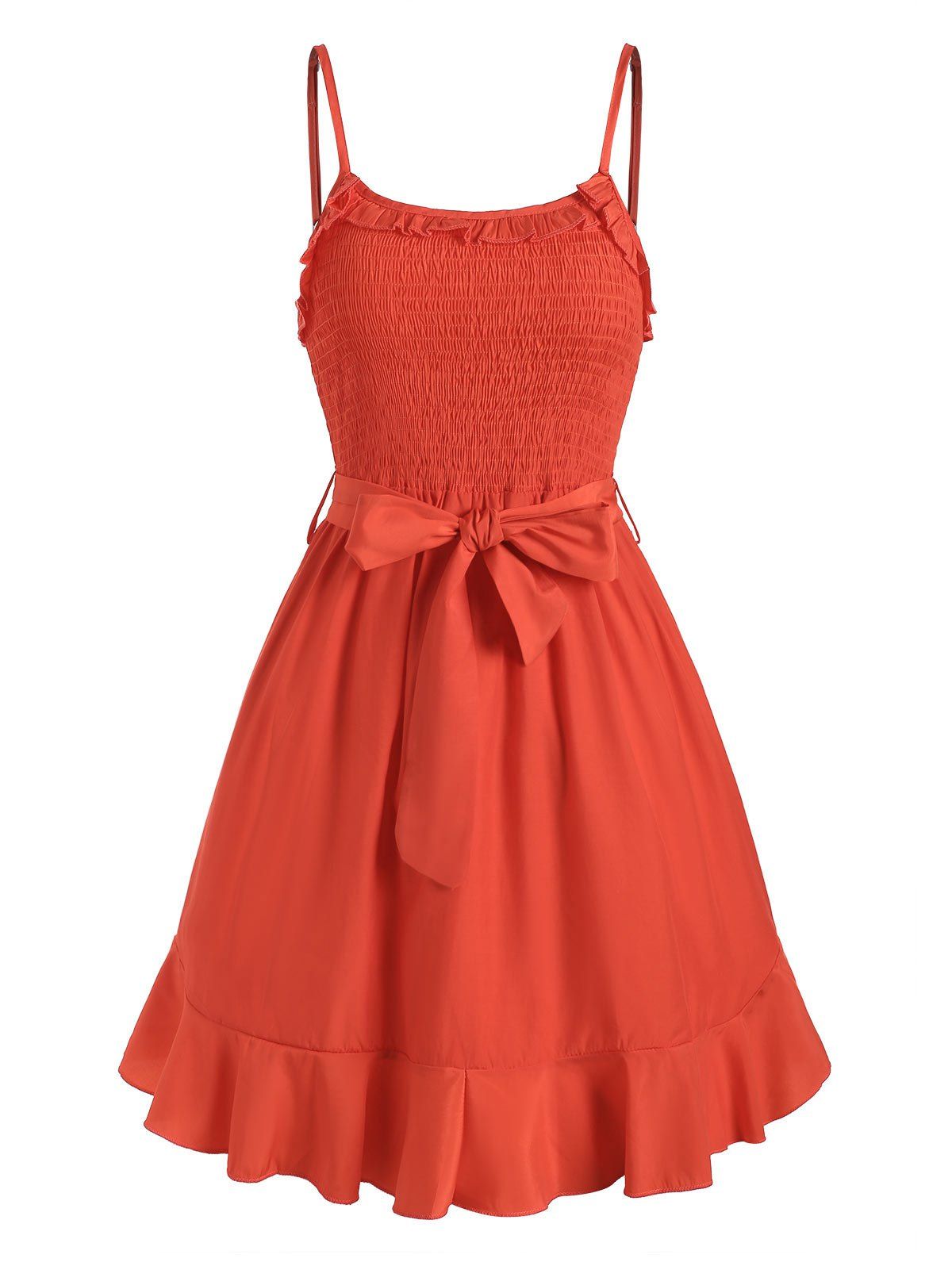 

Shirred Flounce Belted Cami Dress, Red