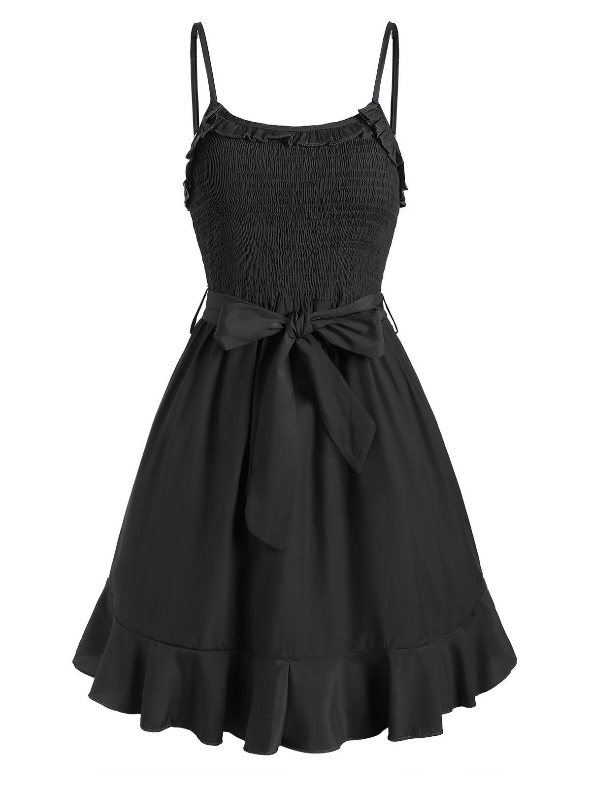 

Shirred Flounce Belted Cami Dress, Black