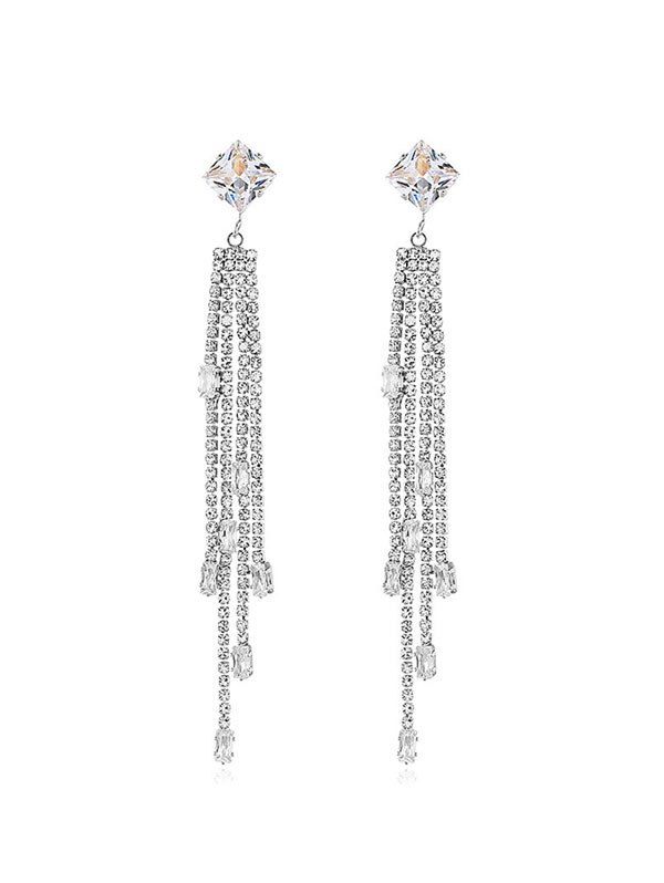 

Full Rhinestone Long Chain Earrings, Silver