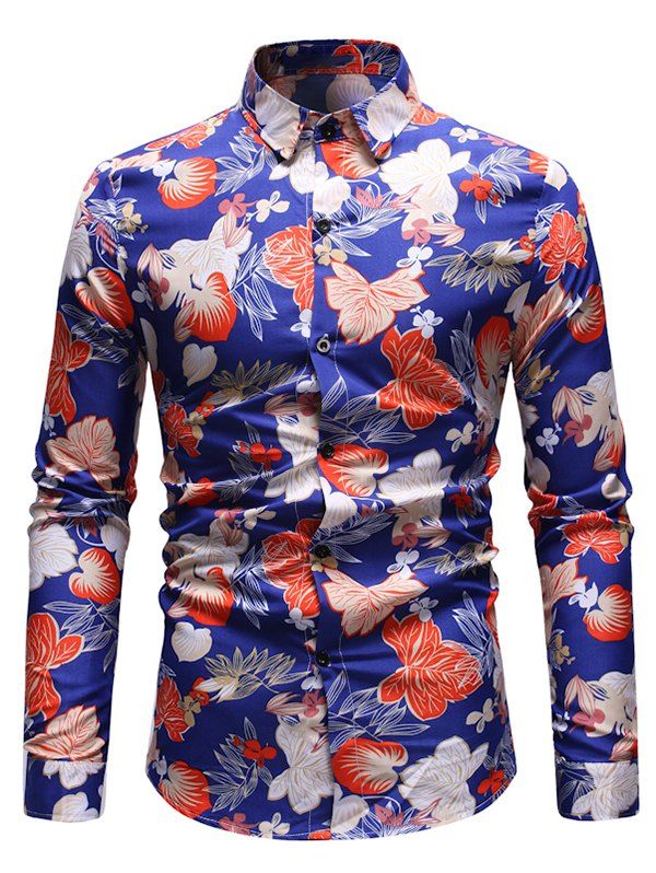 

Leaf Print Button Up Vintage Shirt, Deep blue