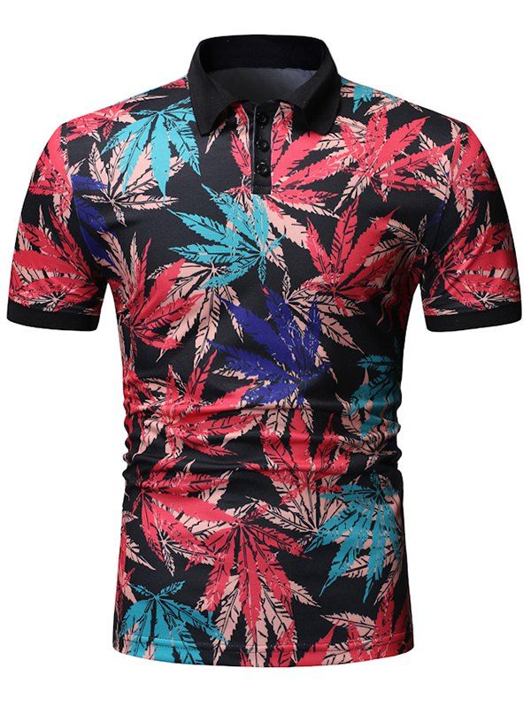 

Maple Leaf Print Half Button Short Sleeve T Shirt, Black