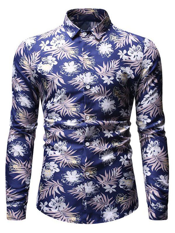 

Floral Leaf Print Button Down Long Sleeve Shirt, Deep blue