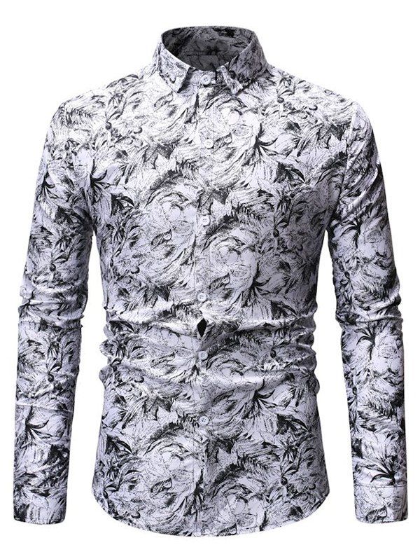 

Leaves Print Button Up Slim Fit Shirt, White