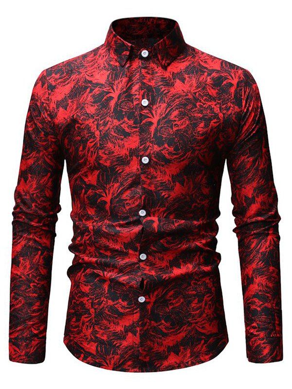 

Leaves Print Button Up Slim Fit Shirt, Red wine