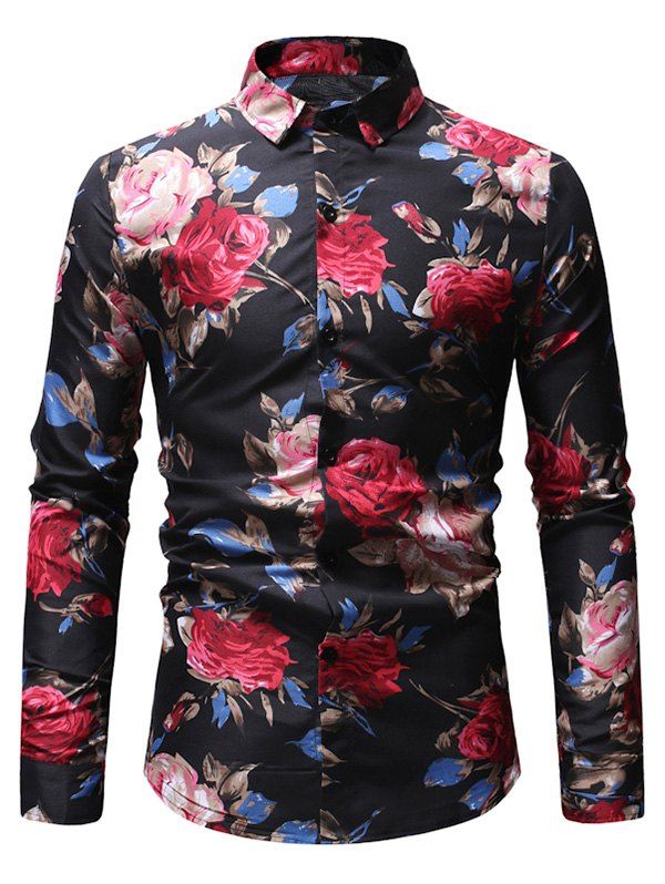 

Floral Print Long Sleeve Vintage Shirt, Black