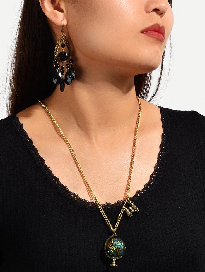 

World Globe Necklace And Bohemian Teardrop Hook Earrings, Gold
