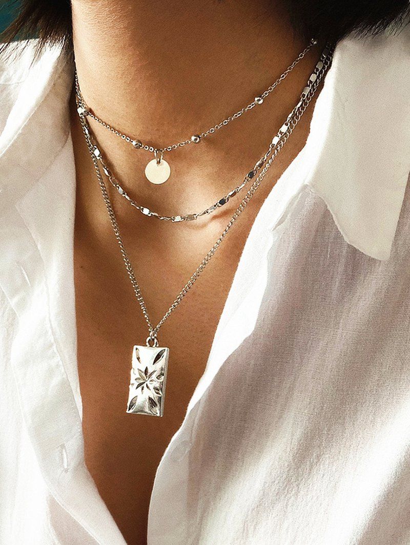 

Carved Disc Multilayered Chain Necklace, Silver