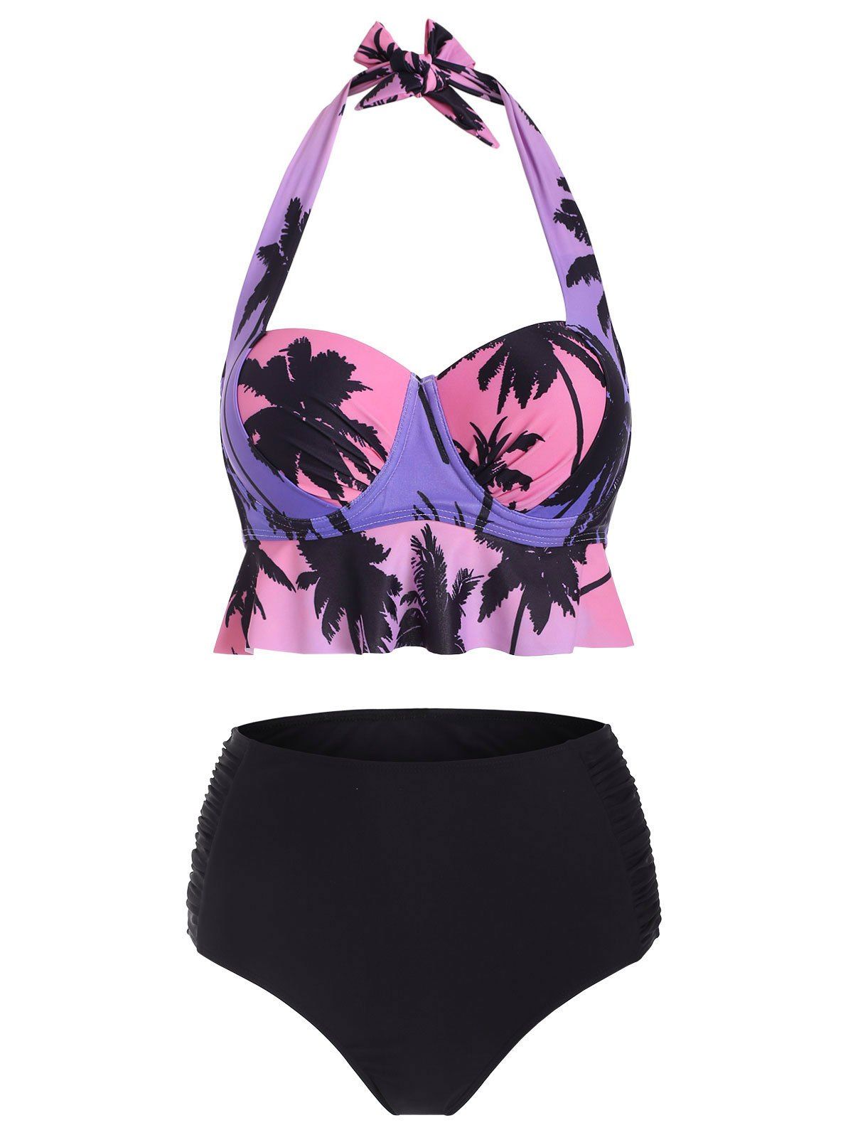 Trendy Halter Coconut Palm Ruched Push Up Bikini Swimsuit  